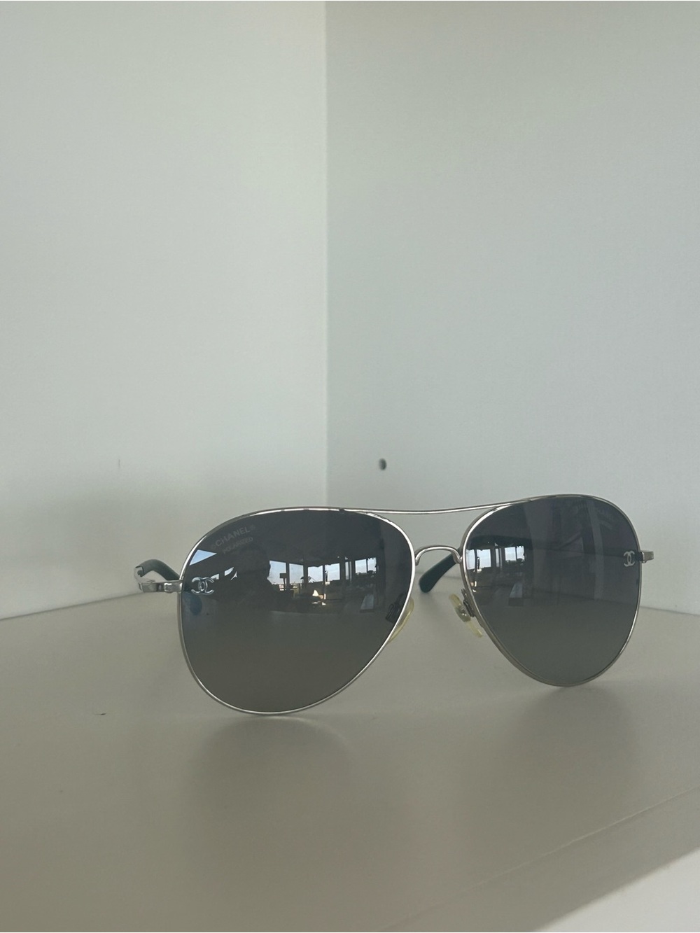 CHANEL Polarized Silver Aviator Sunglasses